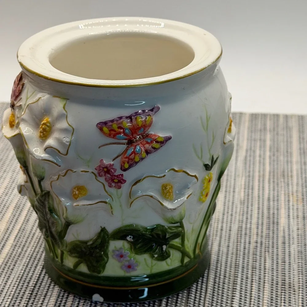 Ks Collection Ceramic Calla Lily Butterfly Canister Jar 3D Floral Vintage Decor